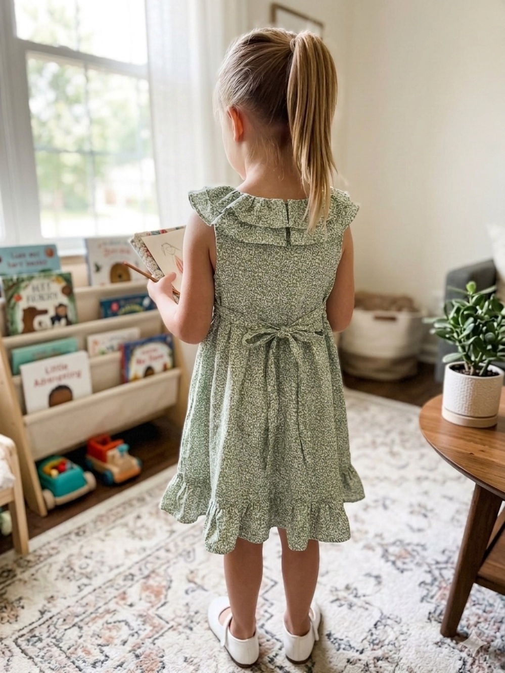 Aurora European Boutique Green Floral Ruffle Dress 100% Cotton Lined Size 6 30 - Picture 3 of 11